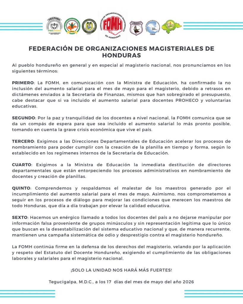 Golpe a la bolsa Magisterio hondureño sin aumento salarial en mayo debido a retrasos presupuestarios