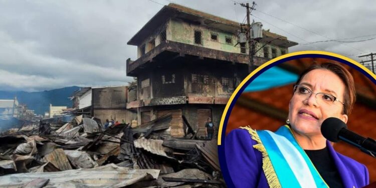 Xiomara Castro promete reconstruir el incendiado mercado Medina Concepción
