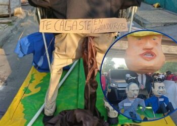 ¡Te cagaste en Honduras! El fuerte reclamo de obreros hondureños, estampado en un monigote de Trump, Papi y Tommy