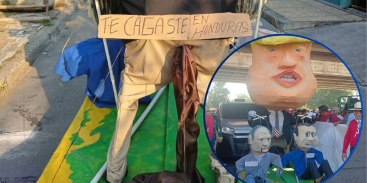¡Te cagaste en Honduras! El fuerte reclamo de obreros hondureños, estampado en un monigote de Trump, Papi y Tommy